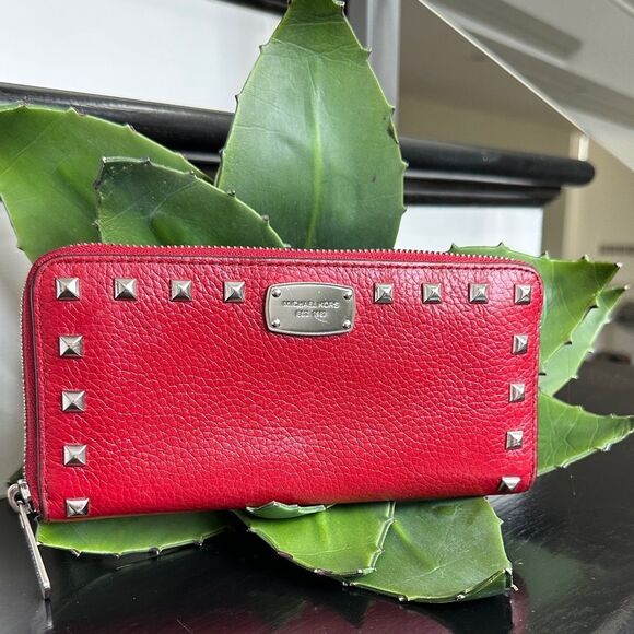 Michael Kors Red Pebbled Leather Studded Zip Around Clutch Wallet - Picture 1 of 7
